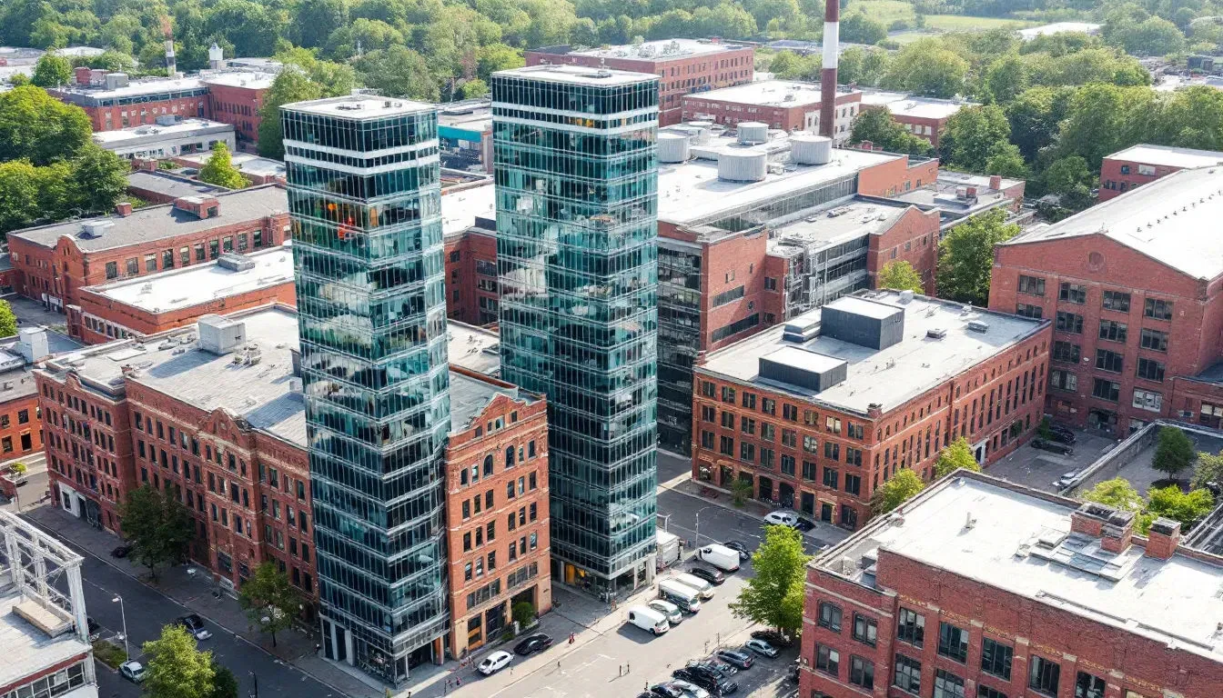 In der Abbildung sind moderne Industrie- und Bürogebäude in Leipzig zu sehen, die durch ihre klare Architektur und funktionale Gestaltung bestechen. Diese Räume sind optimal für Unternehmen, die Wert auf Raumakustik und Sprachverständlichkeit legen, um die Produktivität in ihren Büros zu fördern.